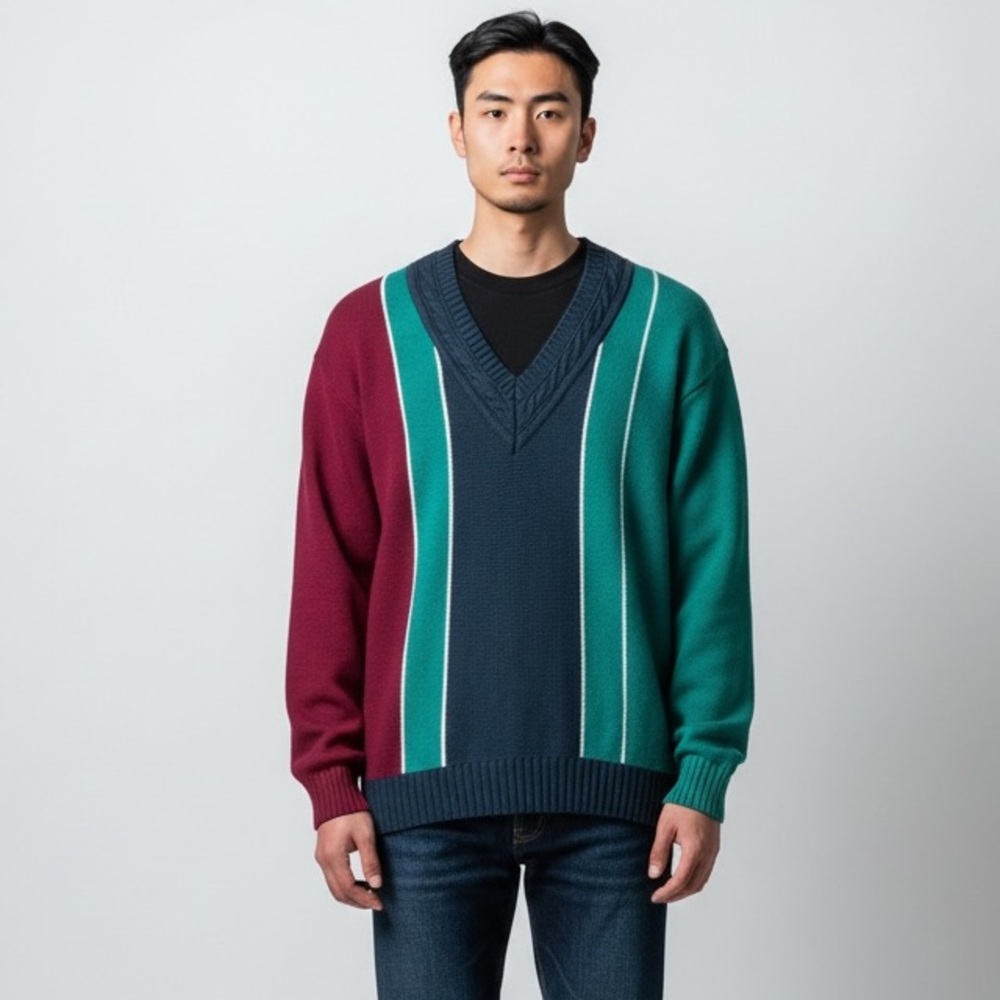 Vintage John Ashford Colorblock V-Neck Sweater 100% Cotton XL‎ Navy Green Red